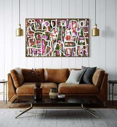 Abstract expressionist style painting in white, green, pink and black line drawings of figures and abstract shapes representing and paper dress patterns.