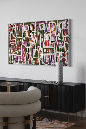 Abstract expressionist style painting in white, green, pink and black line drawings of figures and abstract shapes representing and paper dress patterns.