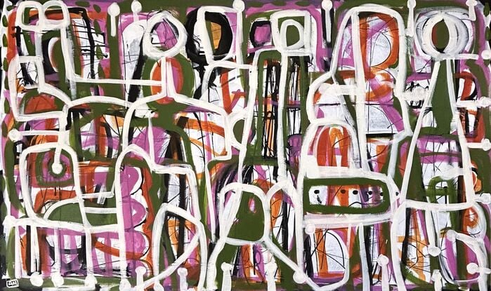 Abstract expressionist style painting in white, green, pink and black line drawings of figures and abstract shapes representing and paper dress patterns.