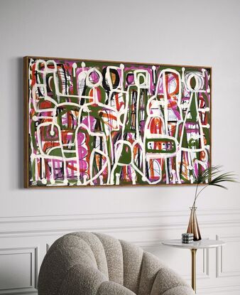 Abstract expressionist style painting in white, green, pink and black line drawings of figures and abstract shapes representing and paper dress patterns.