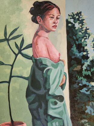 Woman in blue-green Robe in peaceful shades of green with highlights of red and orange