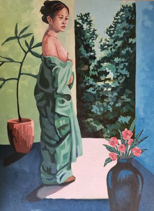 Woman in blue-green Robe in peaceful shades of green with highlights of red and orange