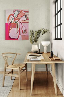 One of two works on canvas filled with vibrant cheerful colour and design. Tulips, floral creations to bring joy and a smile to the collector who chooses this fabulous creation. The vibrancy jumps off the canvas with these two paintings, ideal for a pop of colour in the interior.