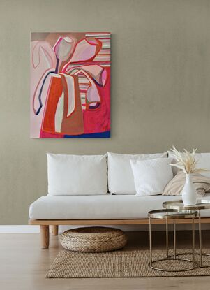 One of two works on canvas filled with vibrant cheerful colour and design. Tulips, floral creations to bring joy and a smile to the collector who chooses this fabulous creation. The vibrancy jumps off the canvas with these two paintings, ideal for a pop of colour in the interior.