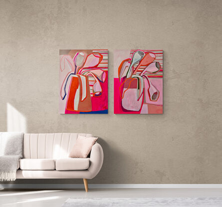 One of two works on canvas filled with vibrant cheerful colour and design. Tulips, floral creations to bring joy and a smile to the collector who chooses this fabulous creation. The vibrancy jumps off the canvas with these two paintings, ideal for a pop of colour in the interior.