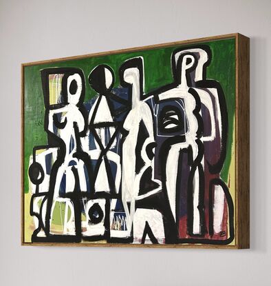 Abstract of figures in black line drawing style on white, green and maroon textured background.