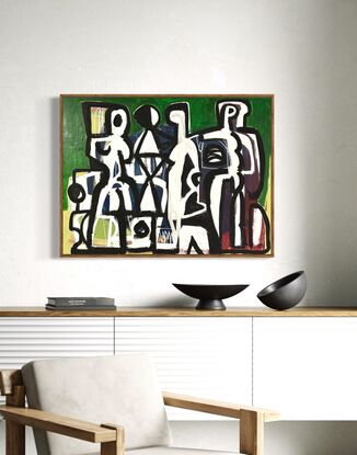 Abstract of figures in black line drawing style on white, green and maroon textured background.