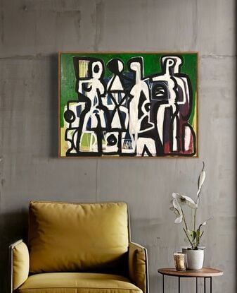 Abstract of figures in black line drawing style on white, green and maroon textured background.