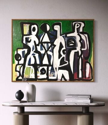 Abstract of figures in black line drawing style on white, green and maroon textured background.