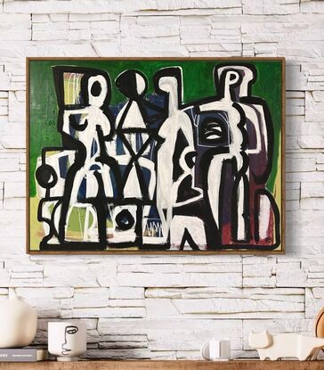 Abstract of figures in black line drawing style on white, green and maroon textured background.