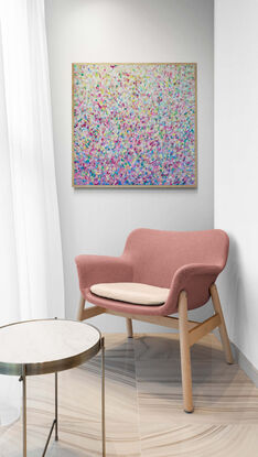 Soft pretty colours and vibrant marks in this pretty abstract floral. Comes framed - please allow two weeks for framing