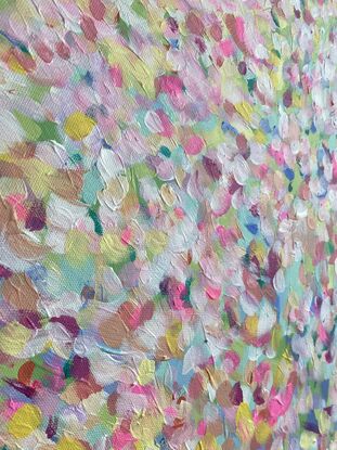 Soft pretty colours and vibrant marks in this pretty abstract floral. Comes framed - please allow two weeks for framing