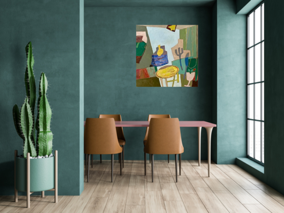 This image depicts an abstract painting featuring a variety of shapes and muted colours.  The flat perspective creates a sense of depth and structure through overlapping shapes and subtle colour transitions 