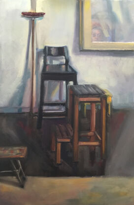 A painting of a broom chair, and several stools with a painting in the background, with a touch of surrealism.