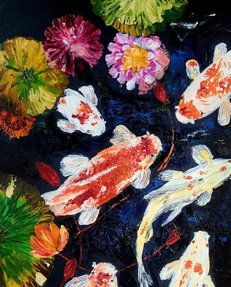 8 koi fish swimming in a pond with lily pad and flowers.