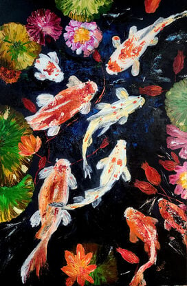 8 koi fish swimming in a pond with lily pad and flowers.