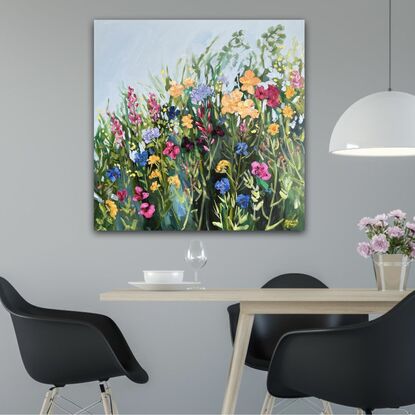 A colourful painting of flowers in a cottage garden. Energetic and textural.