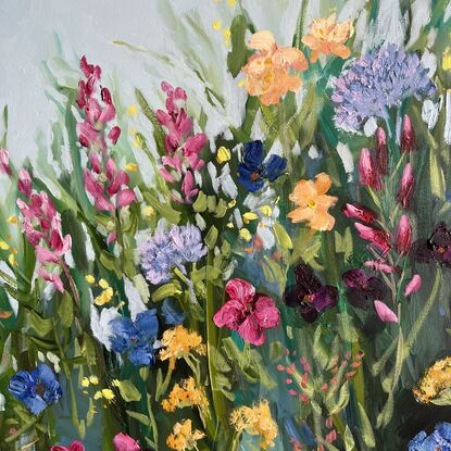 A colourful painting of flowers in a cottage garden. Energetic and textural.