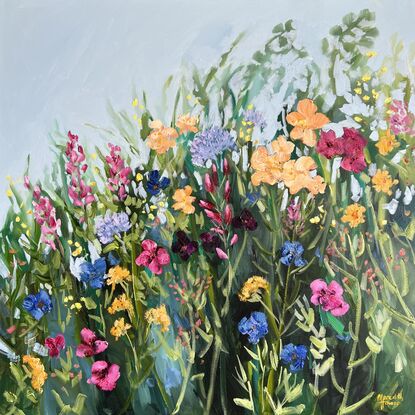 A colourful painting of flowers in a cottage garden. Energetic and textural.