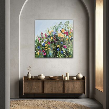 A colourful painting of flowers in a cottage garden. Energetic and textural.