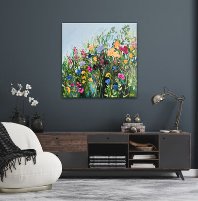 A colourful painting of flowers in a cottage garden. Energetic and textural.