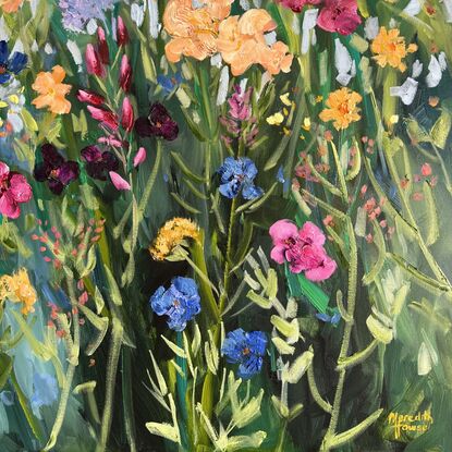 A colourful painting of flowers in a cottage garden. Energetic and textural.