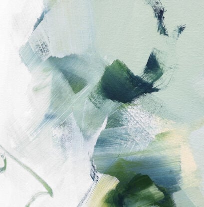 Large strokes of layered colours, grey, blue, green and mustard over a white background with soft washes of yellow and green.