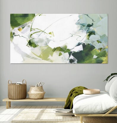 Large strokes of layered colours, grey, blue, green and mustard over a white background with soft washes of yellow and green.