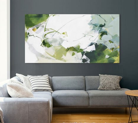 Large strokes of layered colours, grey, blue, green and mustard over a white background with soft washes of yellow and green.