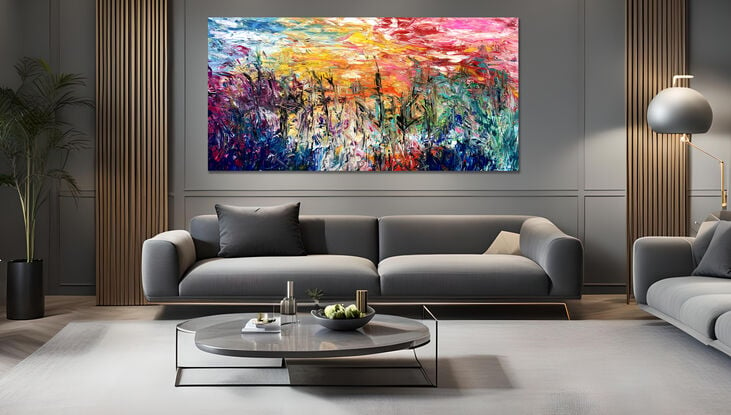 Images show the painting in three different lounge rooms