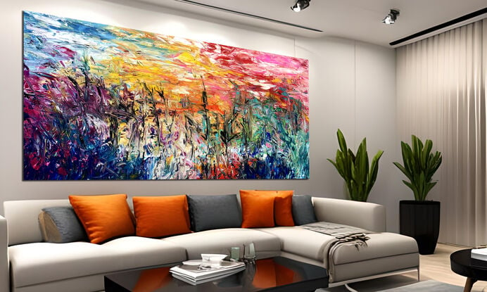 Images show the painting in three different lounge rooms