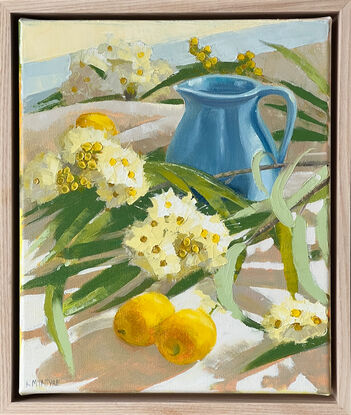 original oil painting framed featuring lemons gum leaves gum blossom blue jug