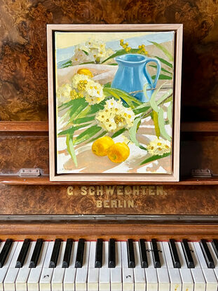 original oil painting framed featuring lemons gum leaves gum blossom blue jug