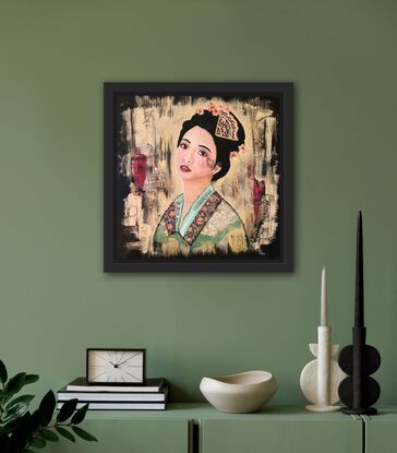 Japanese woman with flowers and ornaments in hair.