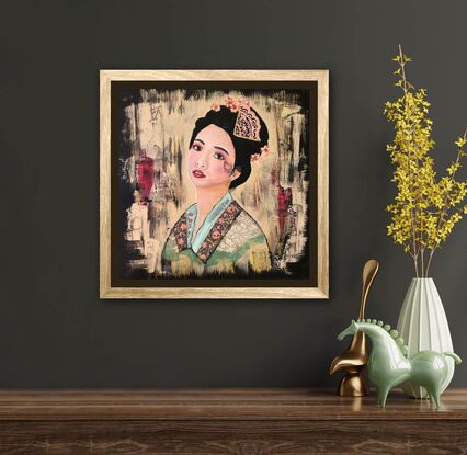 Japanese woman with flowers and ornaments in hair.