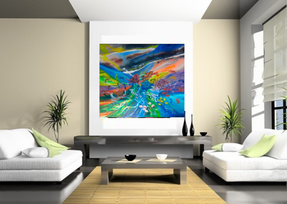 Flowing abstract styled original painting with rich blues, greens and Australian Native flowers