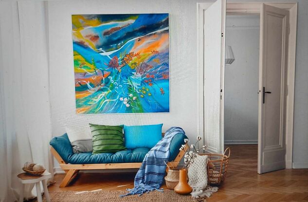 Flowing abstract styled original painting with rich blues, greens and Australian Native flowers