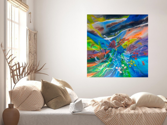 Flowing abstract styled original painting with rich blues, greens and Australian Native flowers