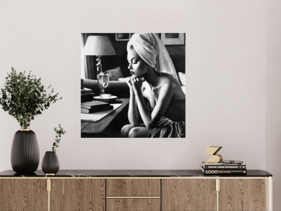 High contrast detailed charcoal  portrait of a beautiful 1950s woman in sitting in her midcentury home with her head resting on her hands as she contemplates her life.