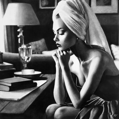 High contrast detailed charcoal  portrait of a beautiful 1950s woman in sitting in her midcentury home with her head resting on her hands as she contemplates her life.