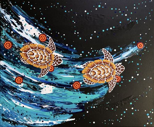 turtles swimming in starlit black ocean