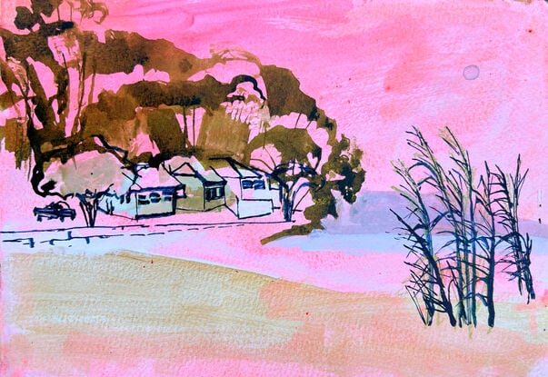 A diptych. Both share a background of fluorescent pink, a foreground  of gold sand. Old white fishing cottages  sit at the waters edge depicted with indigo coloured ink.