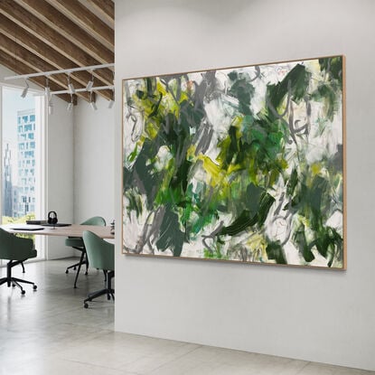 bold textured marks in light green, olive with areas of white and grey, beige, peach and tan expressive marks across a large canvas