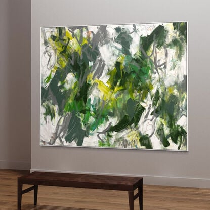 bold textured marks in light green, olive with areas of white and grey, beige, peach and tan expressive marks across a large canvas