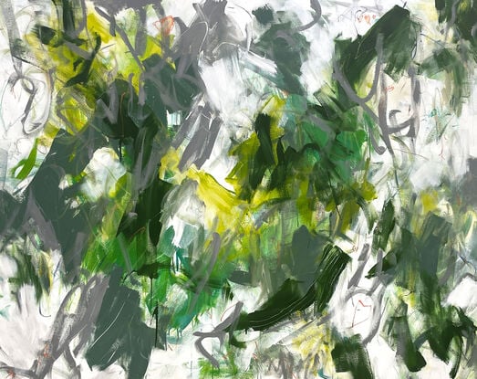 bold textured marks in light green, olive with areas of white and grey, beige, peach and tan expressive marks across a large canvas