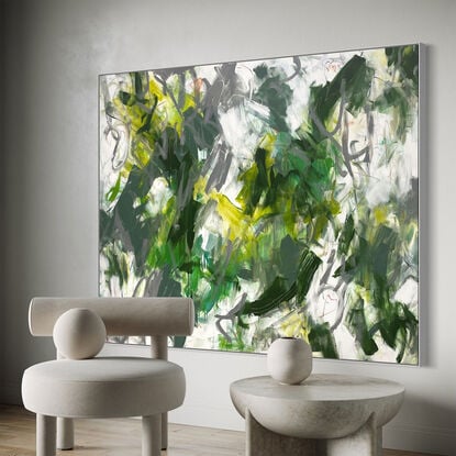 bold textured marks in light green, olive with areas of white and grey, beige, peach and tan expressive marks across a large canvas