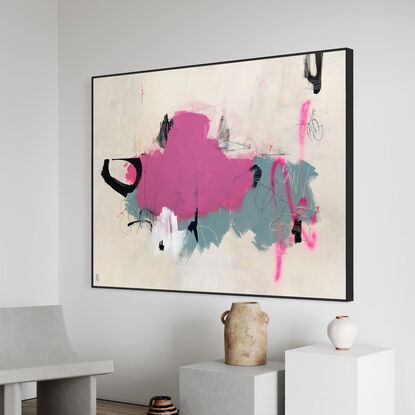 Large abstract of textured acrylic paint, ink, charcoal & pastel on a weathered ground of earthy peach beige with vibrant pink and teal gray.