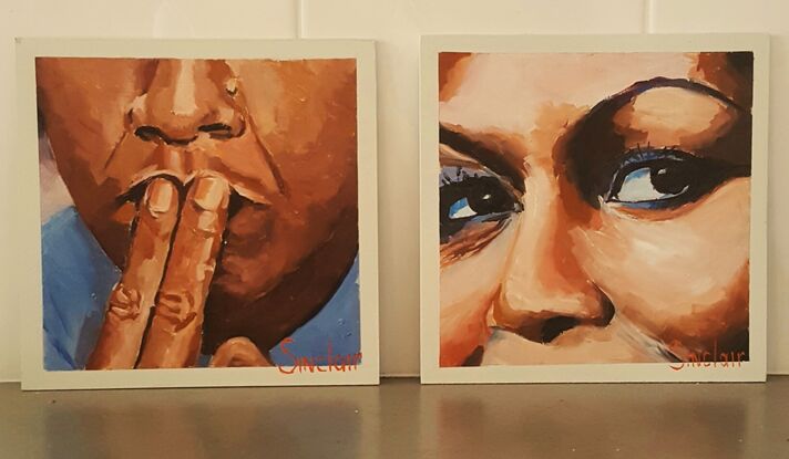 Two small paintings showing part of portrait of well known couple.