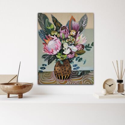 A whimsical decorative still life with Australian native flowers.
