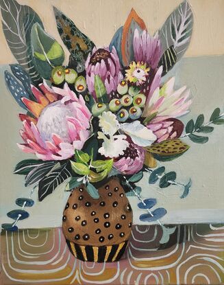 A whimsical decorative still life with Australian native flowers.
